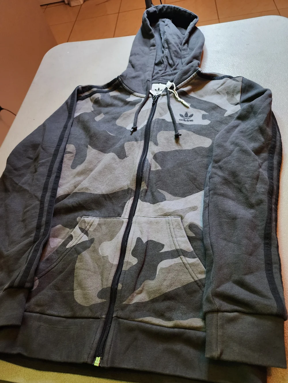 adidas Gray Camo Zip-Up Hoodie with Trefoil Tag
